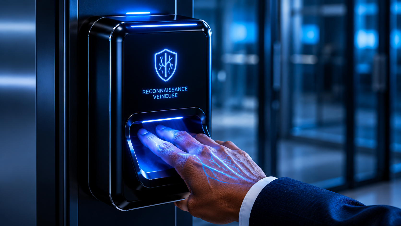 Utilisation d'un lecteur d'empreintes digitales éclairé en bleu sur un dispositif de contrôle d'accès de sécurité noir