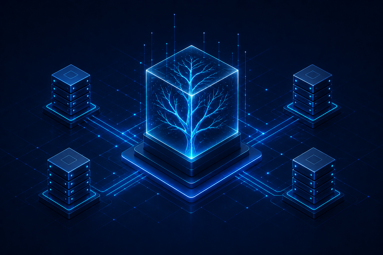 Réseau de cubes blockchain bleus lumineux sur fond numérique sombre