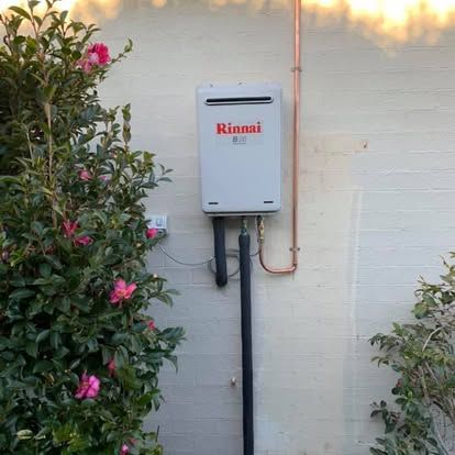 Rinnai outdoor water heater mounted on a white wall beside a flowering shrub and copper piping