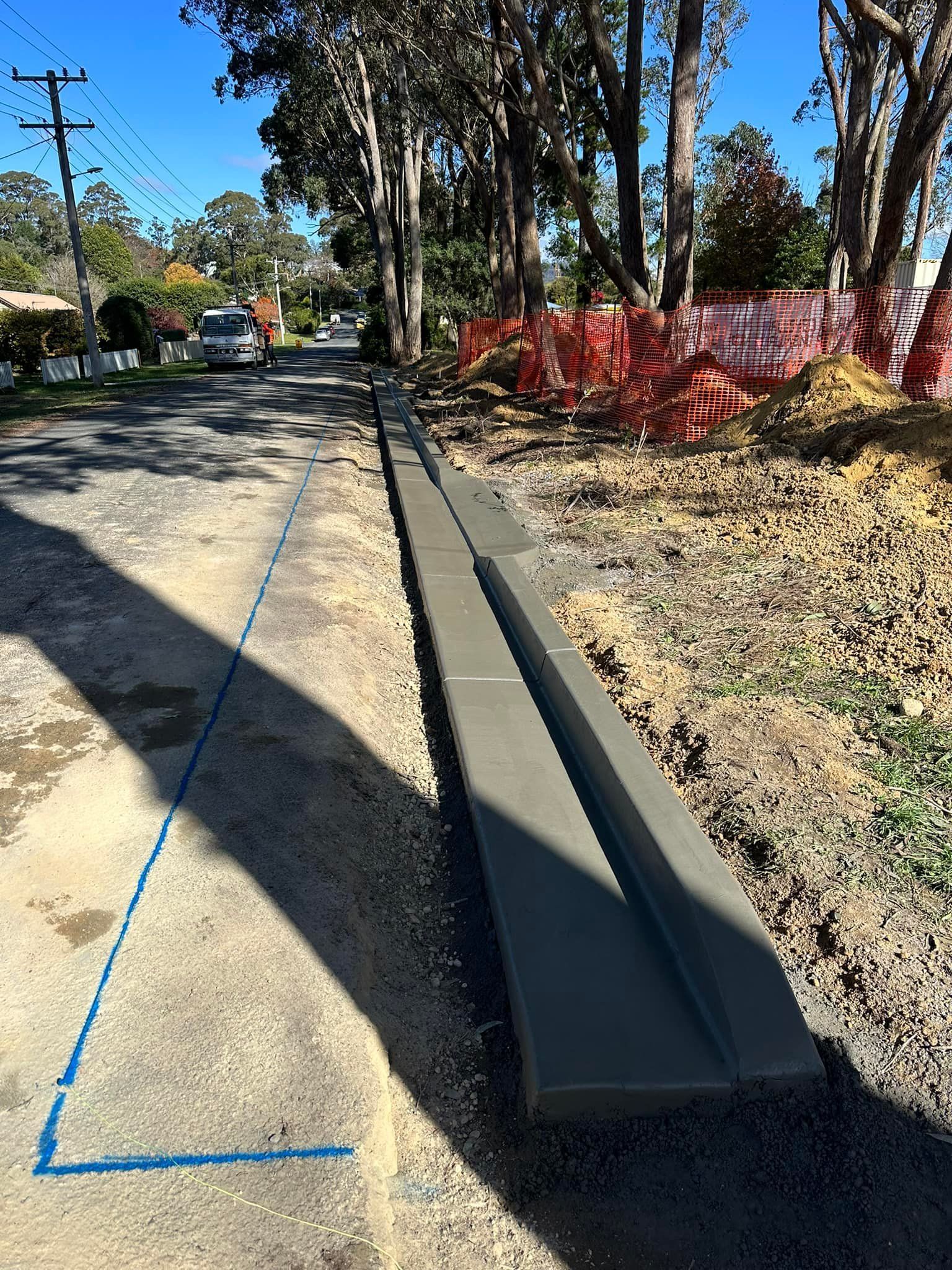 New concrete curb along a dirt roadside beside red shrubs and tall trees