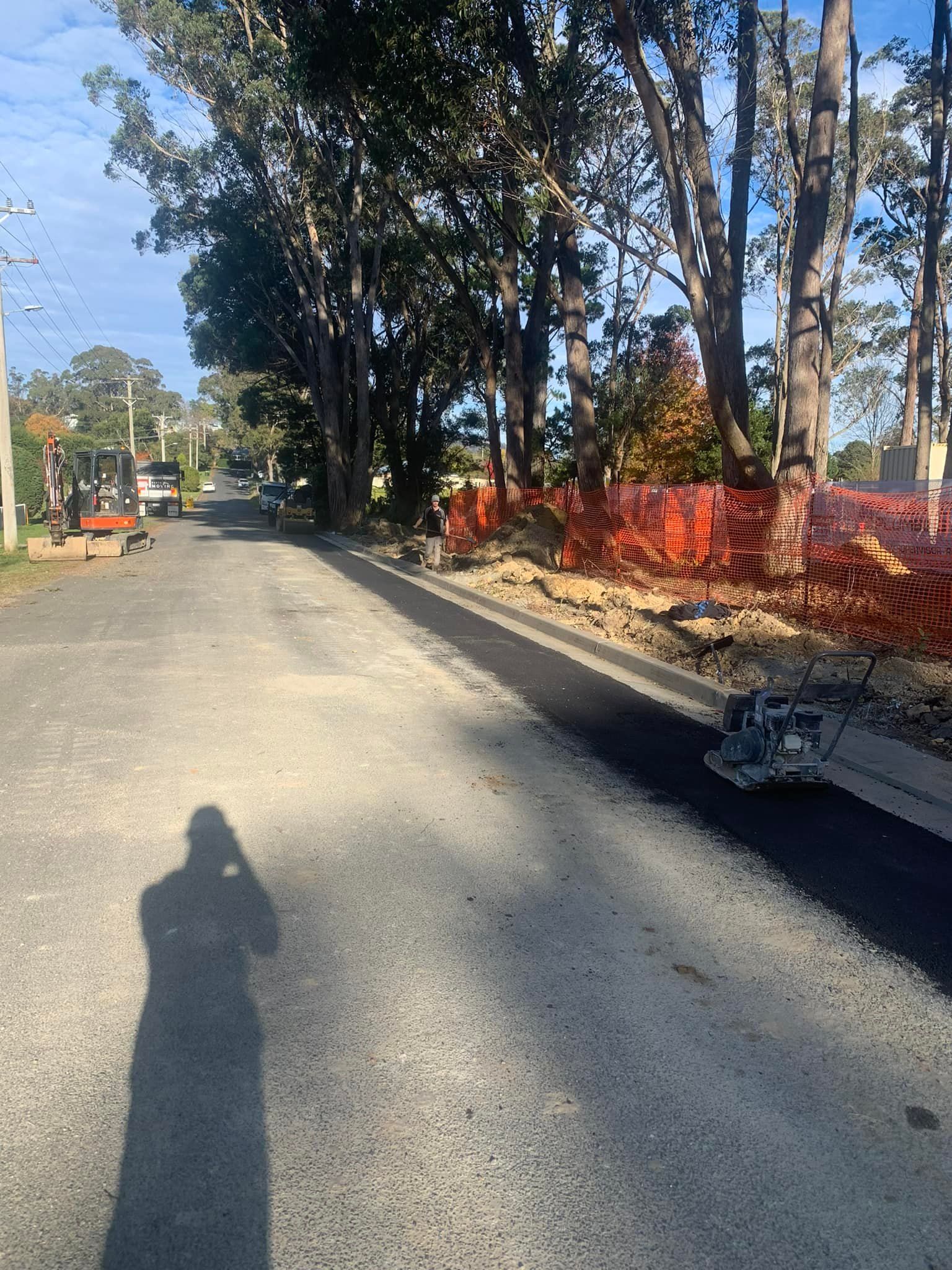 Sunlit paved road lined with tall trees and orange flower beds, with an orange vehicle in the distance.