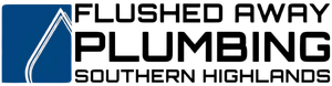 Flushed Away Plumbing Southern Highlands logo with blue water droplet and black text, Southern Highlands