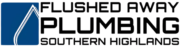 Flushed Away Plumbing Southern Highlands logo with blue water droplet and black text, Southern Highlands