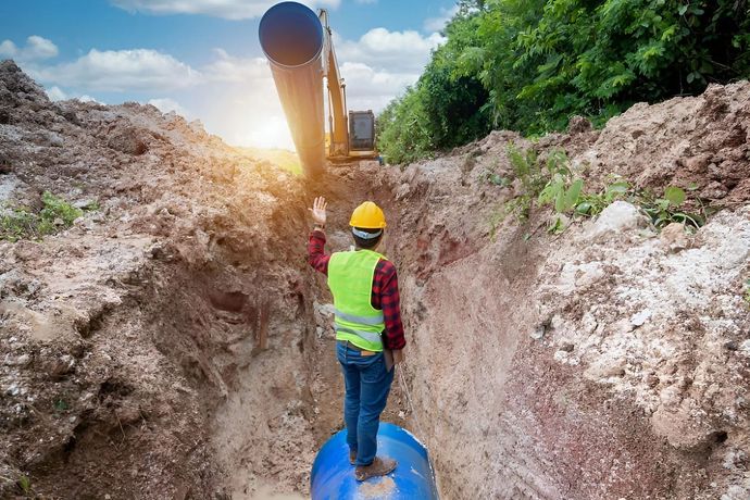 Worker in a yellow hard hat stands in a trench near a large pipe under installation.