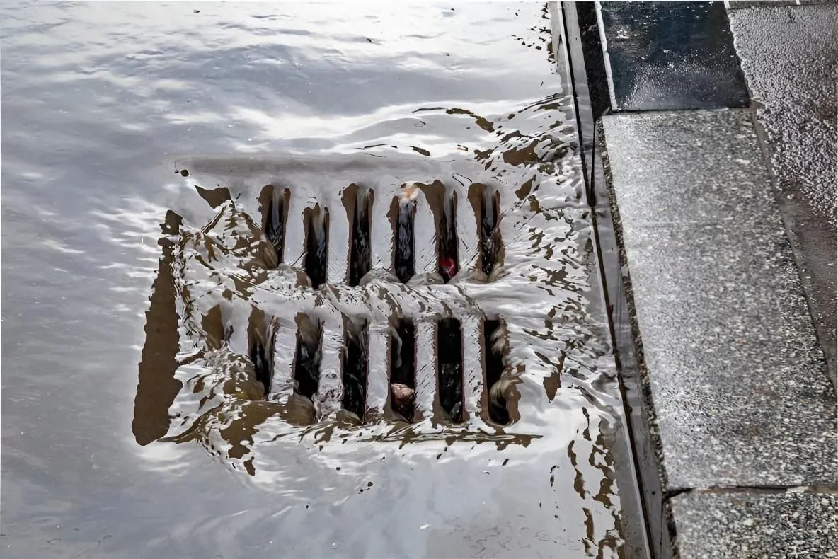 Storm drain grate surrounded by melting snow and wet pavement beside a curb