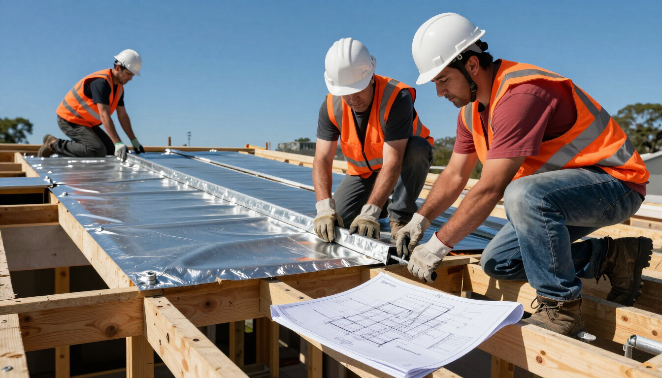 Roofing team installing metal battens and sarking insulation during a licensed tile to Colorbond 