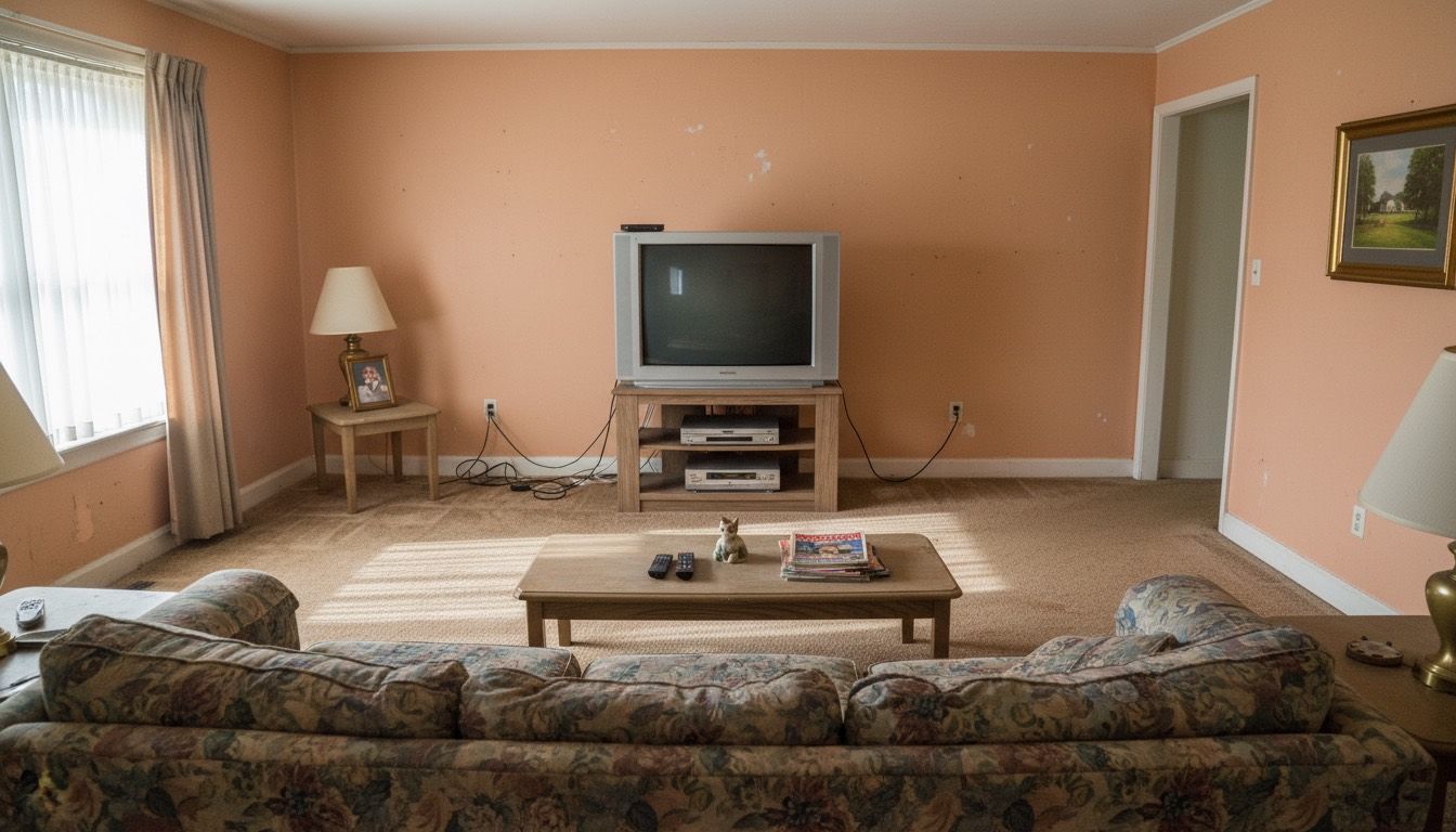 Living room with peach walls, a large TV, and a floral couch.