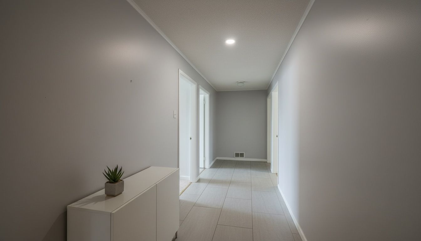 Hallway with gray walls, white doors, and a small plant on a white cabinet.