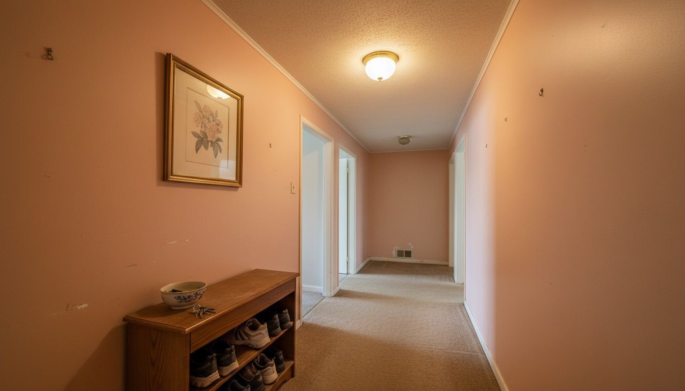 Hallway with pink walls, brown carpet, and a framed picture. A shoe rack and open doors are visible.