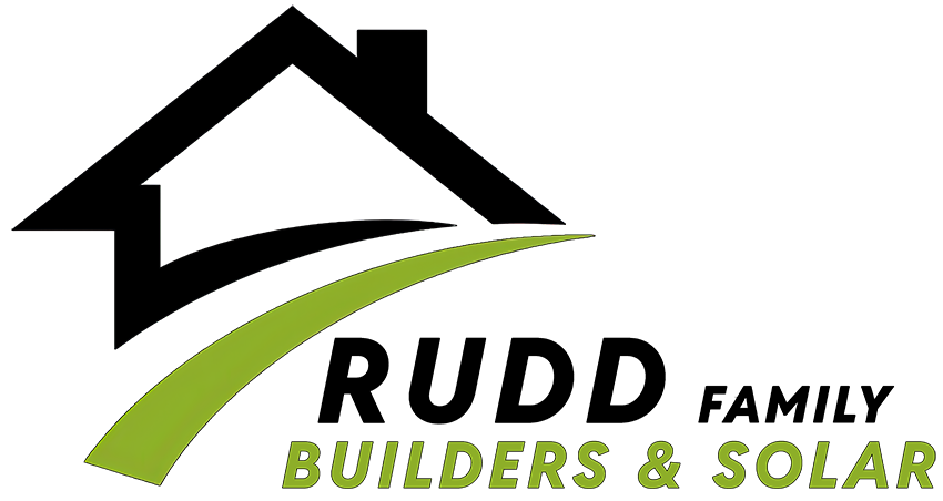 Logo for Rudd Family Builders & Solar, featuring a black house outline with a green swoosh, and text.