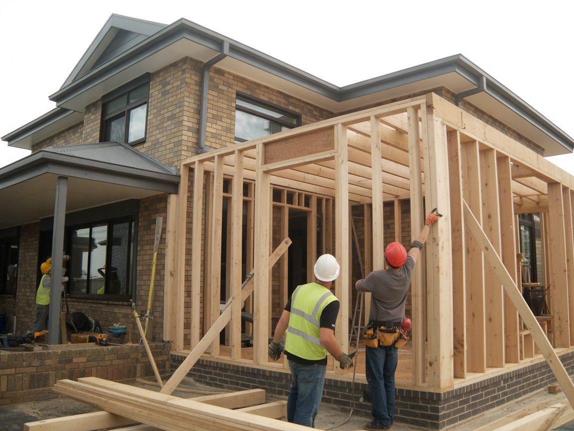 Construction workers building a wooden frame extension onto a brick home.