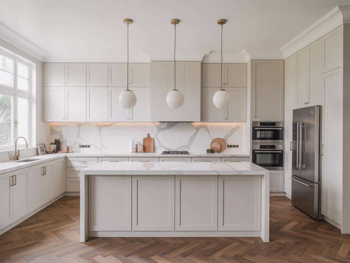 Modern white kitchen with marble countertops, wood floors, and globe pendant lights.