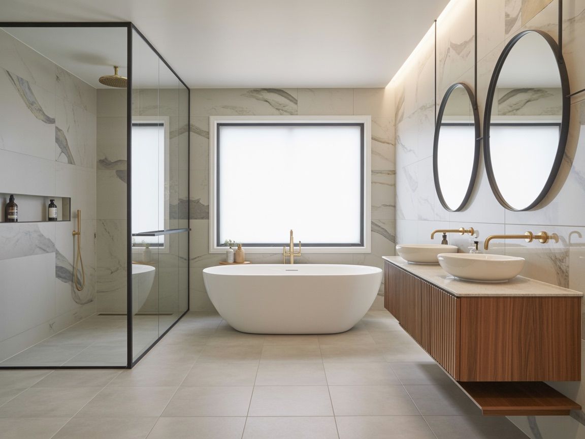 Modern bathroom with a glass shower, a soaking tub, and a wooden vanity.