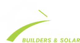 Logo for Rudd Family Builders & Solar, featuring a house outline and green curved line; text reads