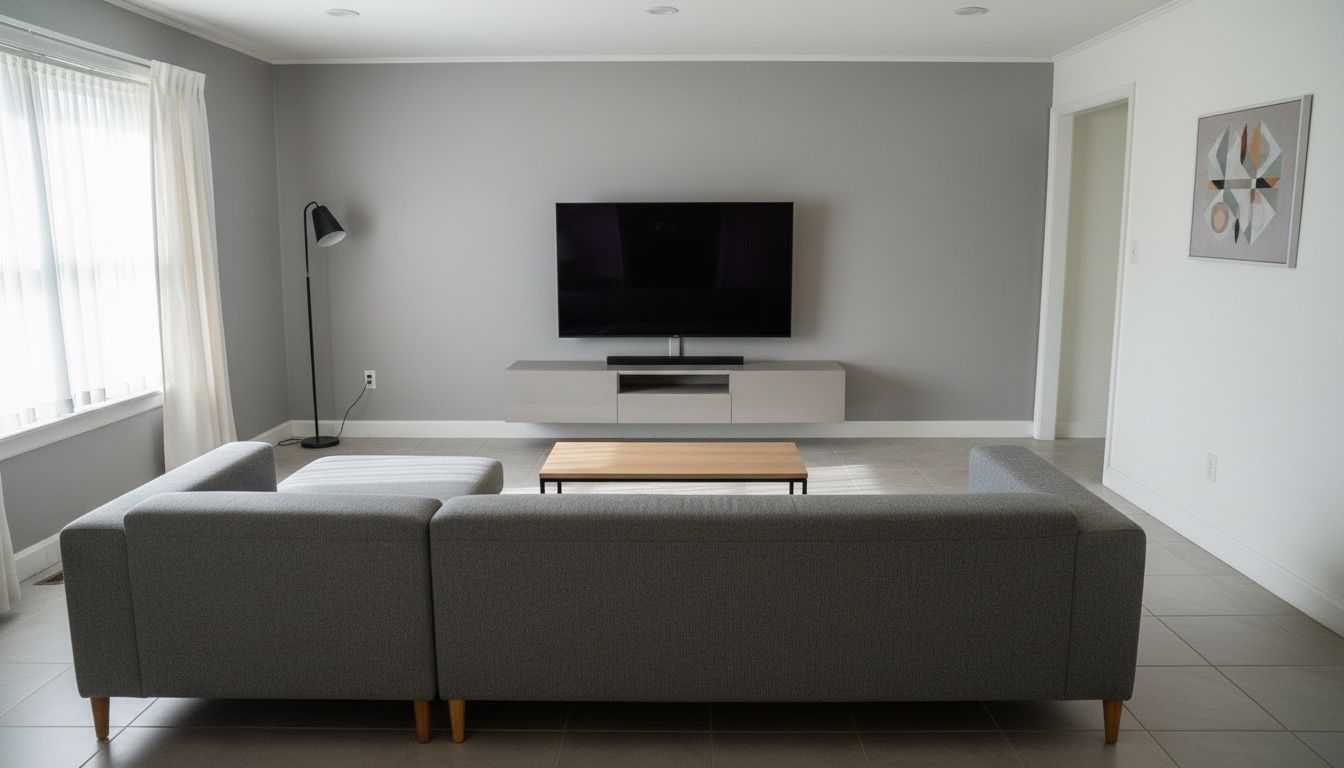 Living room with gray walls, sofa, TV, and coffee table.