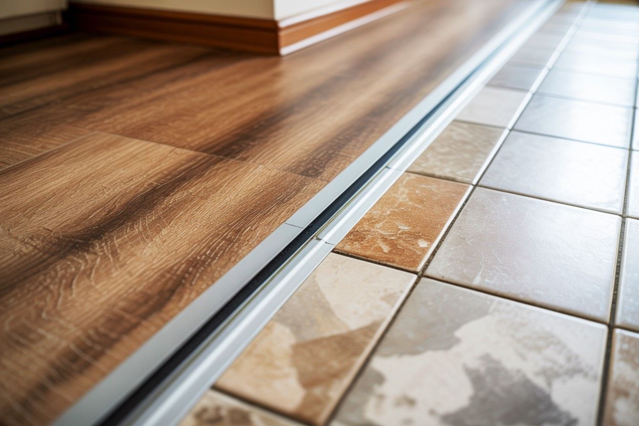 Wood-look floor and tile floor separated by a silver transition strip.