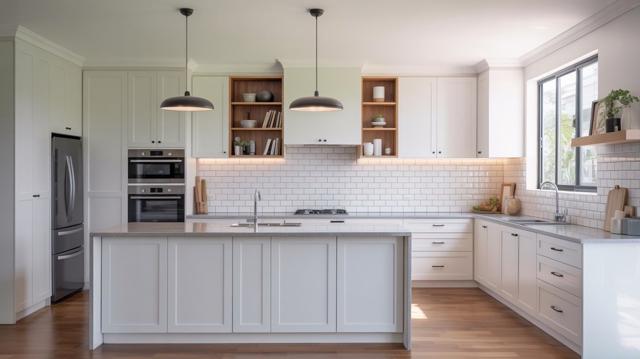 Modern white kitchen with island, wooden shelves, black appliances, and pendant lights.