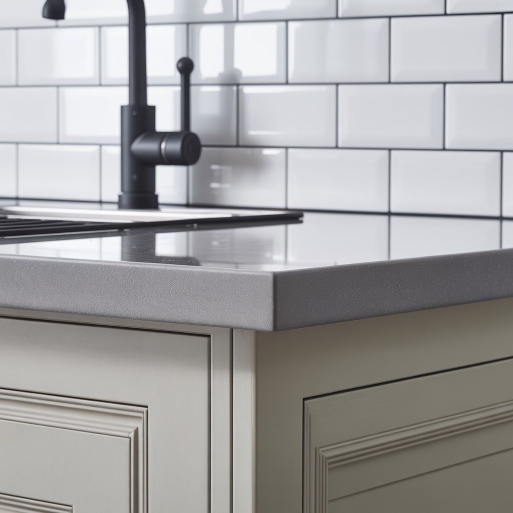 Gray countertop with black faucet, white subway tile backsplash, and light-colored cabinet.