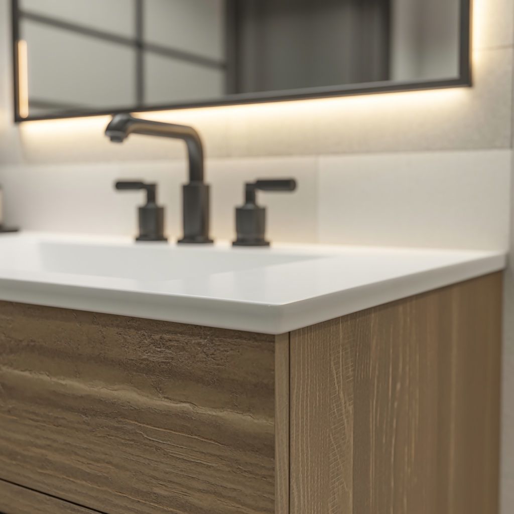 Bathroom vanity with a wood-grain cabinet, white countertop, and black faucet.