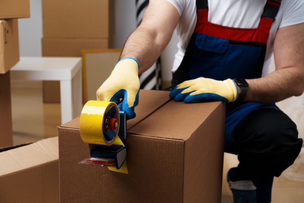 Man Packing The Package Using Tape Dispenser — Town & Country Removals In Port Macquarie, NSW