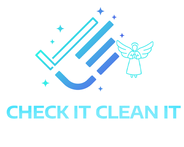 A logo for check it clean it with a check mark and an angel