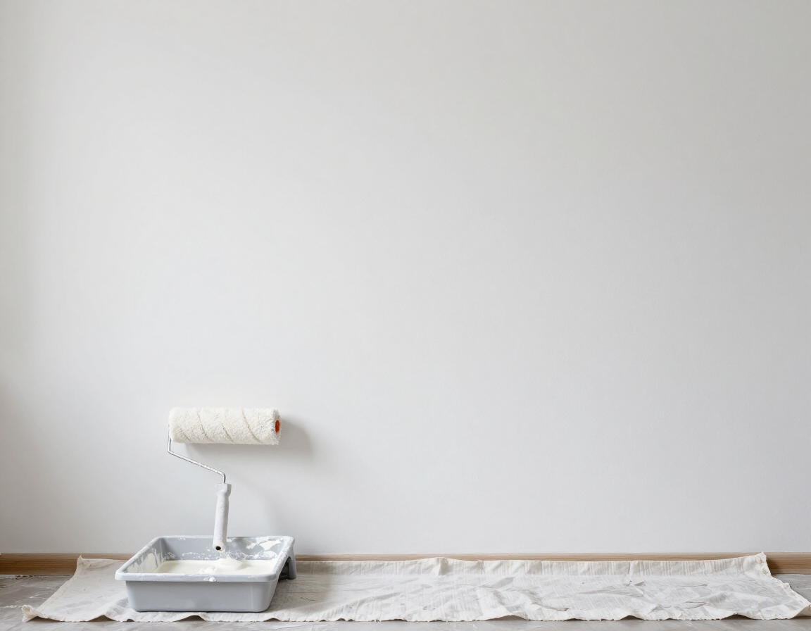 Paint roller tray and roller on a drop cloth against a white wall during painting prep