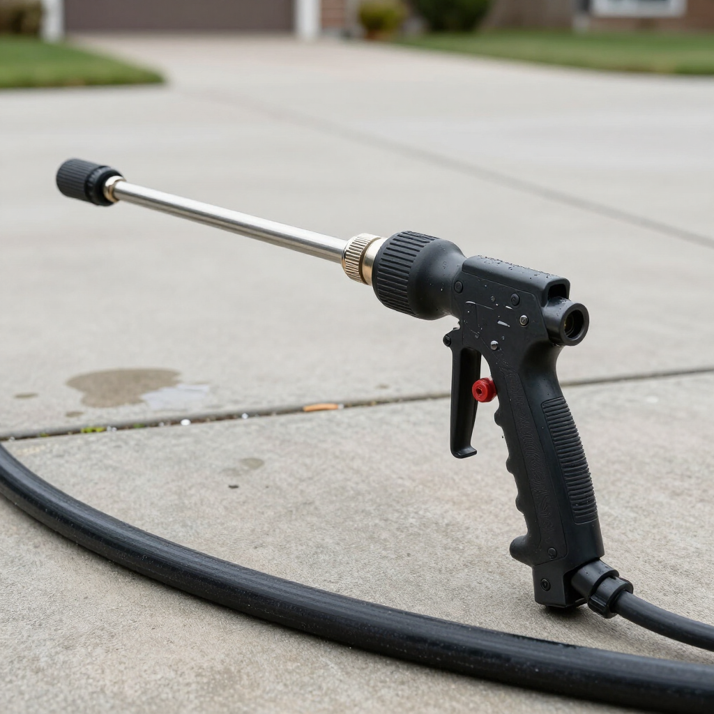 Black pressure washer spray gun with hose on a concrete driveway