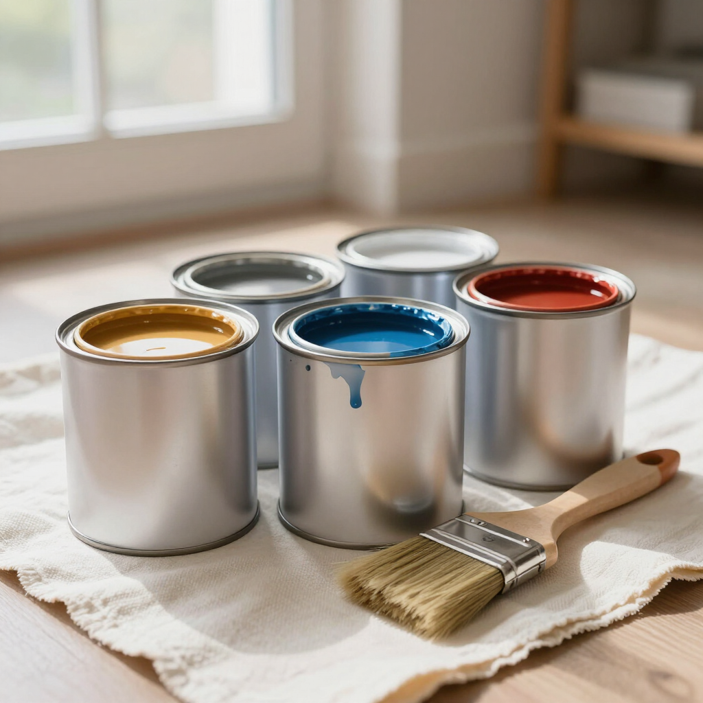 Open paint cans with gold, gray, blue, and red paint beside a brush on a cloth-covered table