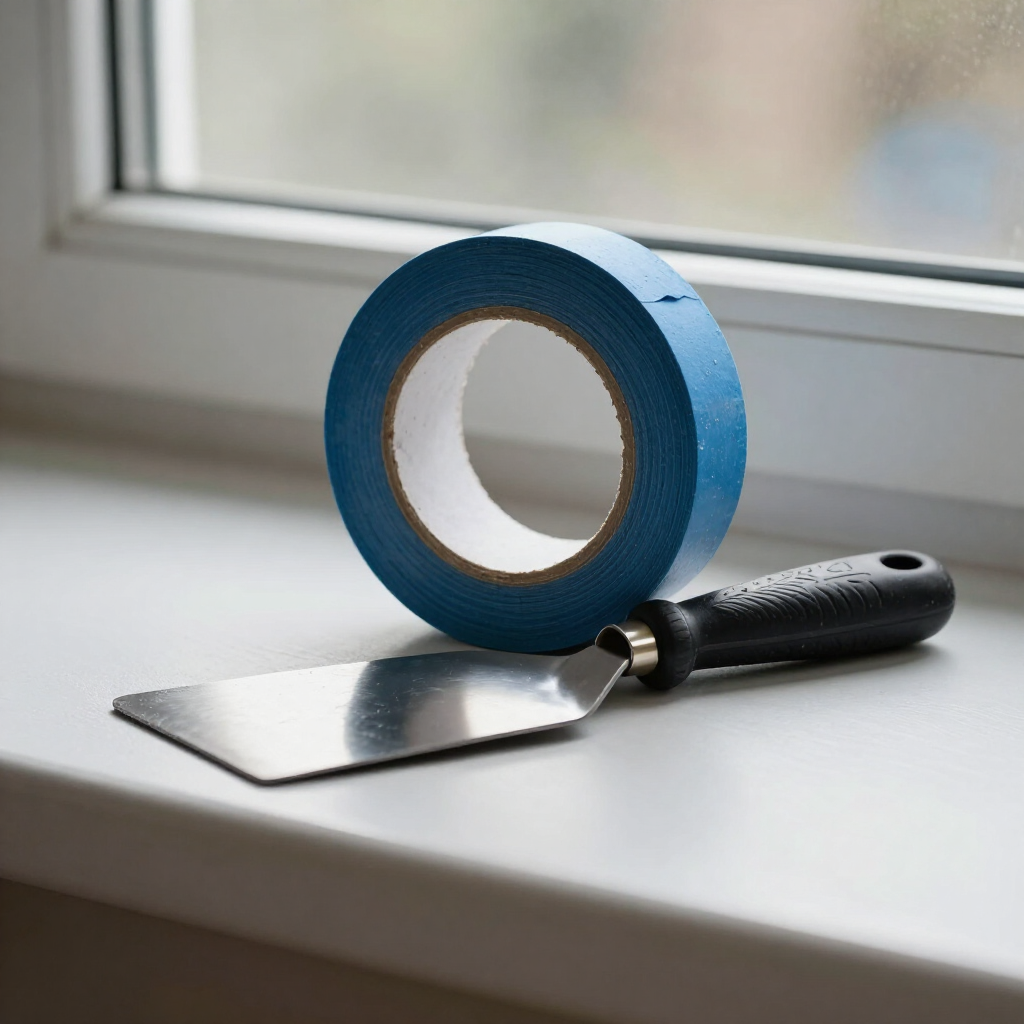 Blue tape roll and putty knife on a windowsill