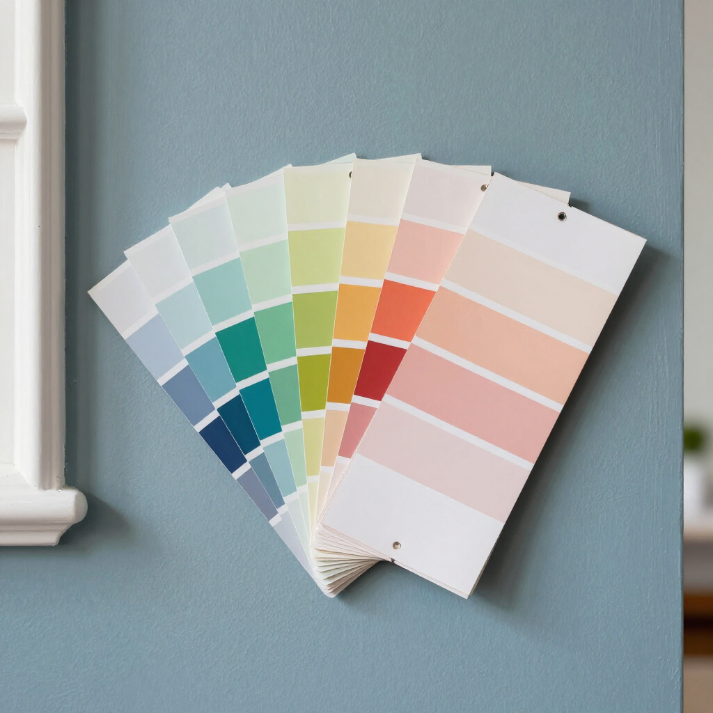 Fan of pastel paint color swatches against a light blue wall