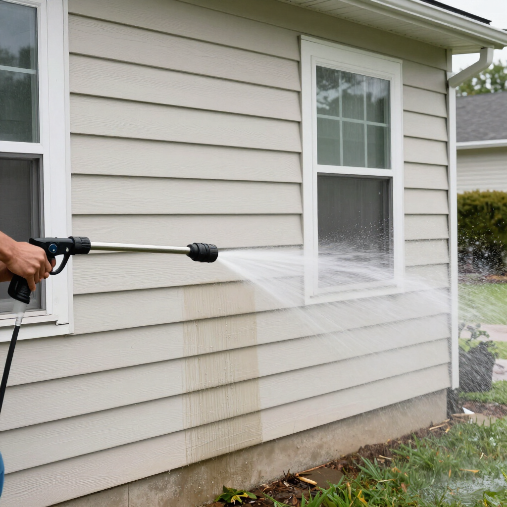 Person pressure-washes a beige house exterior beside a window.