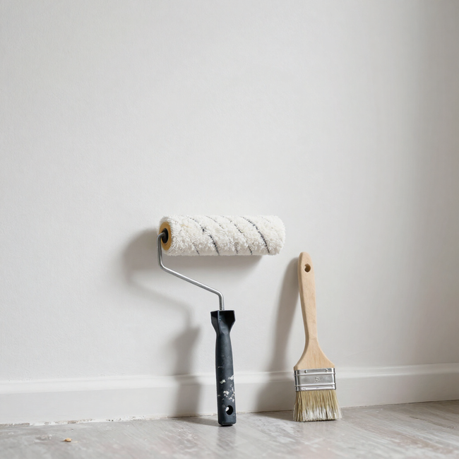 Paint roller and brush leaning against a white wall on a light floor