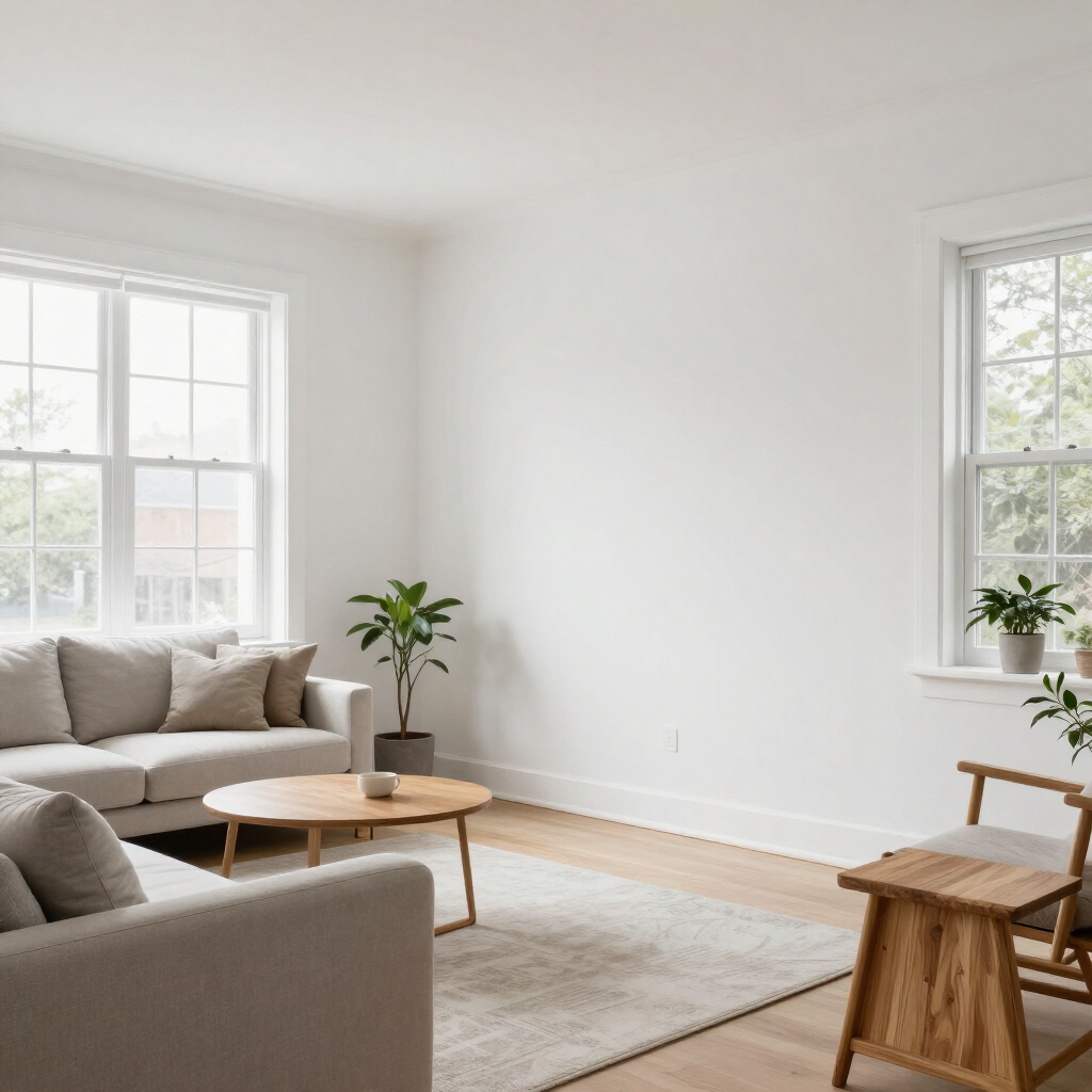 Bright minimalist living room with beige sofa, wooden coffee table, rug, and large windows.