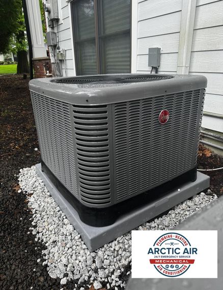 Outdoor gray HVAC condenser unit beside a house with white siding and gravel landscaping.