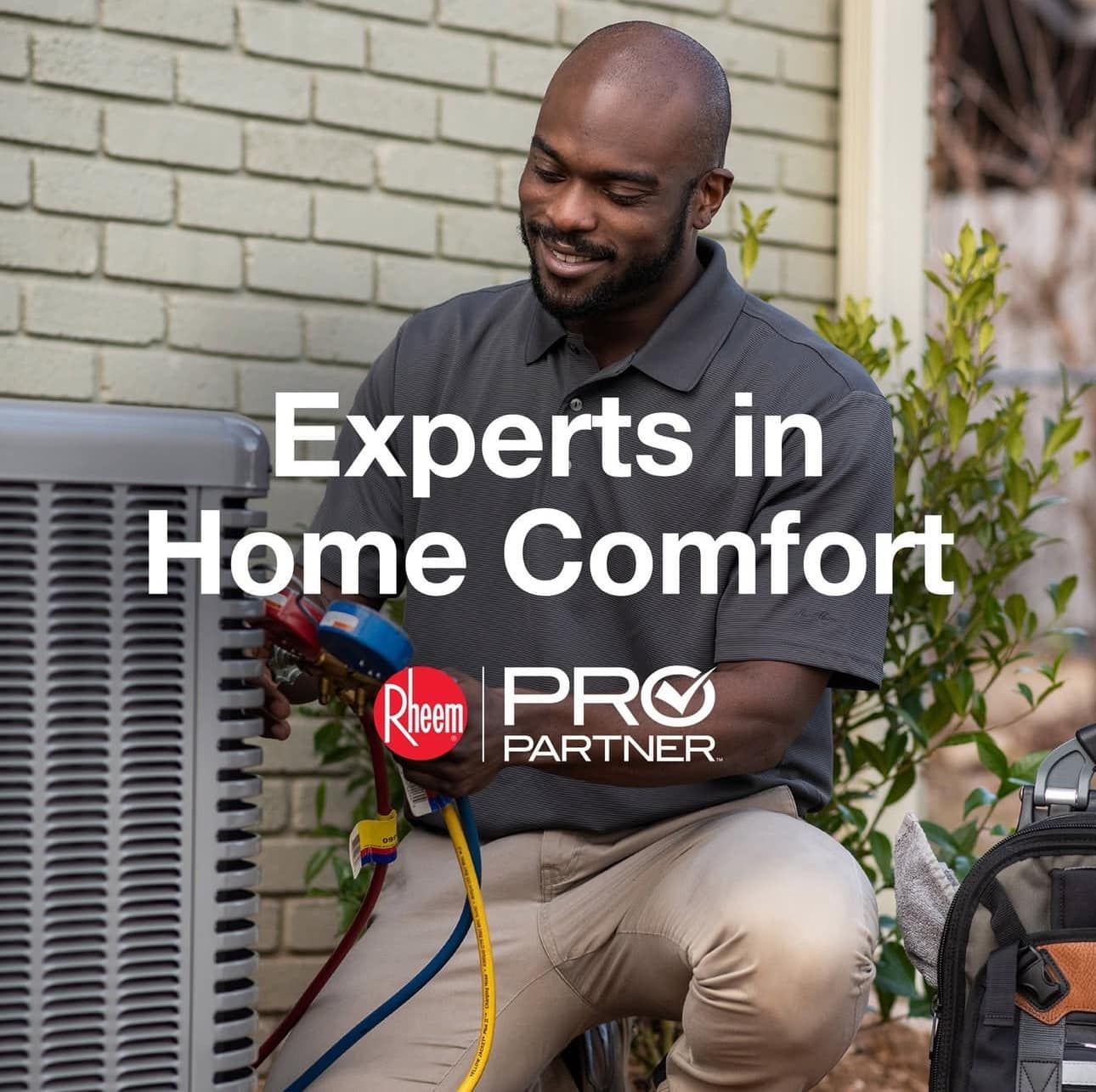 HVAC technician servicing an outdoor air unit with “Experts in Home Comfort” and Rheem Pro Partner text