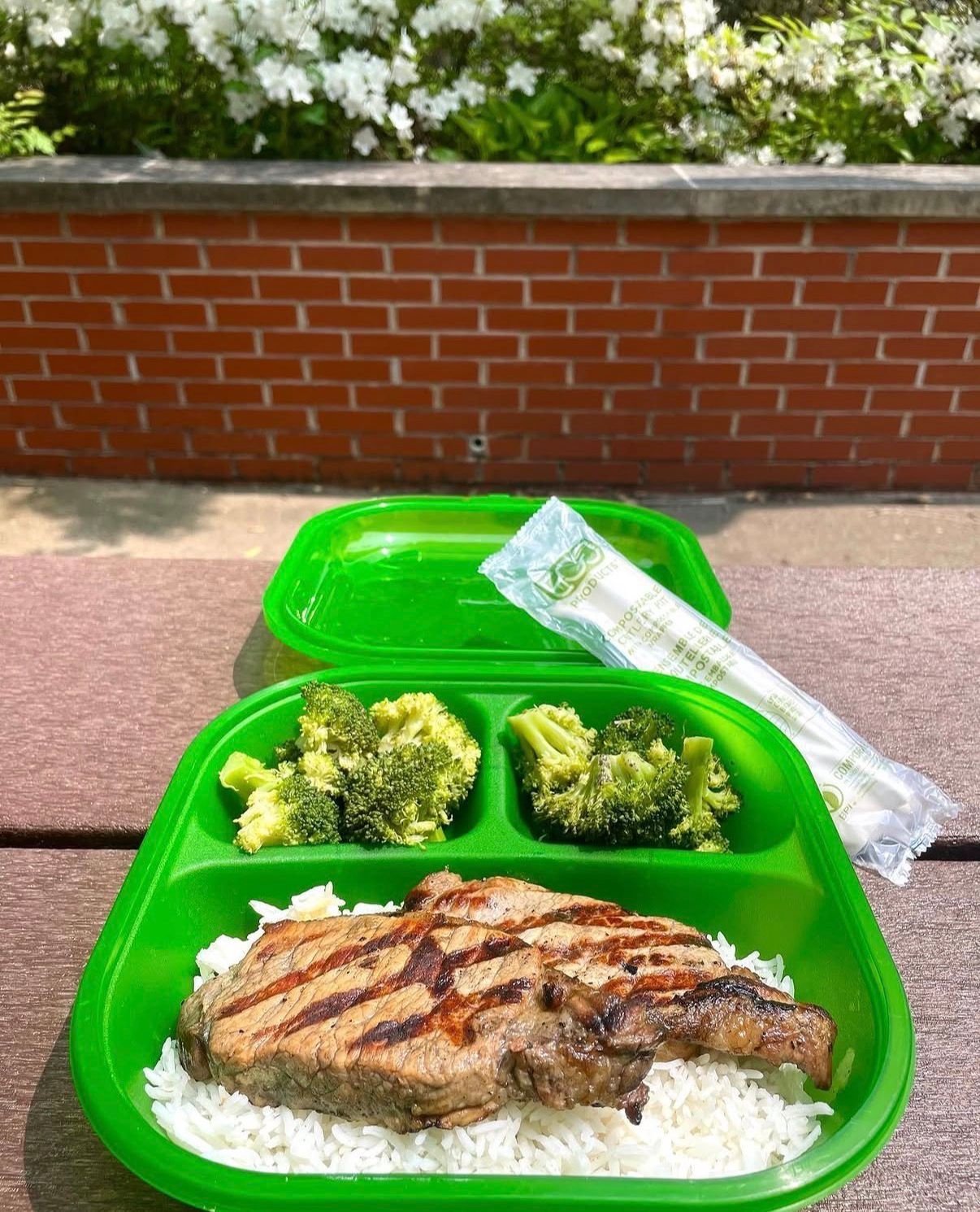 Green reusable containtoer with food