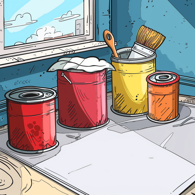 A drawing of paint cans and brushes on a table