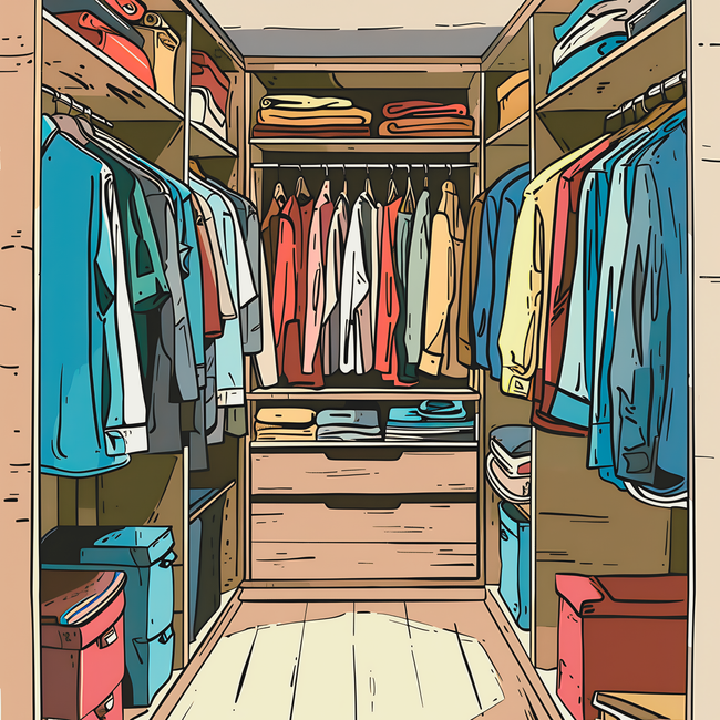 A cartoon illustration of a walk in closet filled with clothes and boxes.