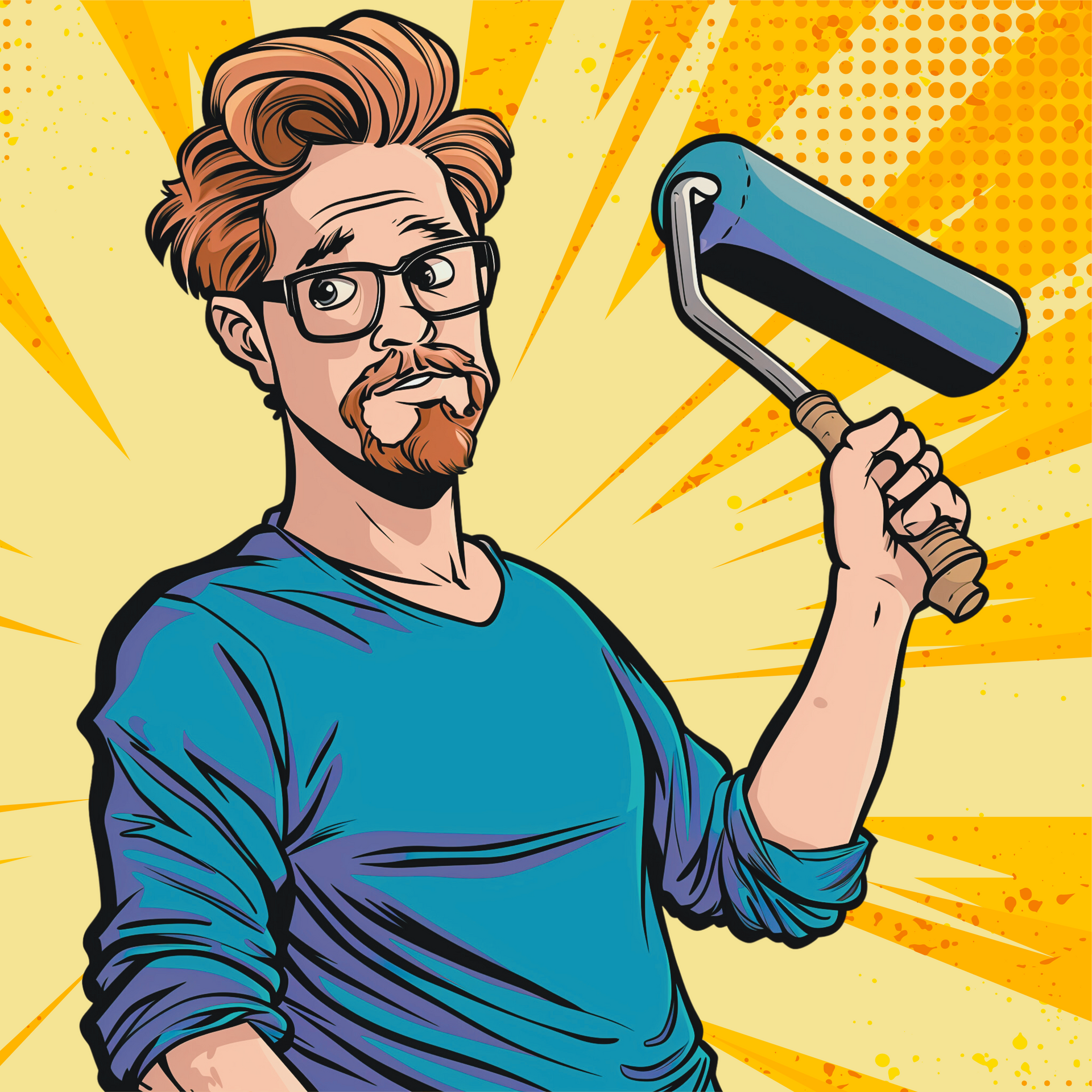 A man with glasses is holding a paint roller in his hand.