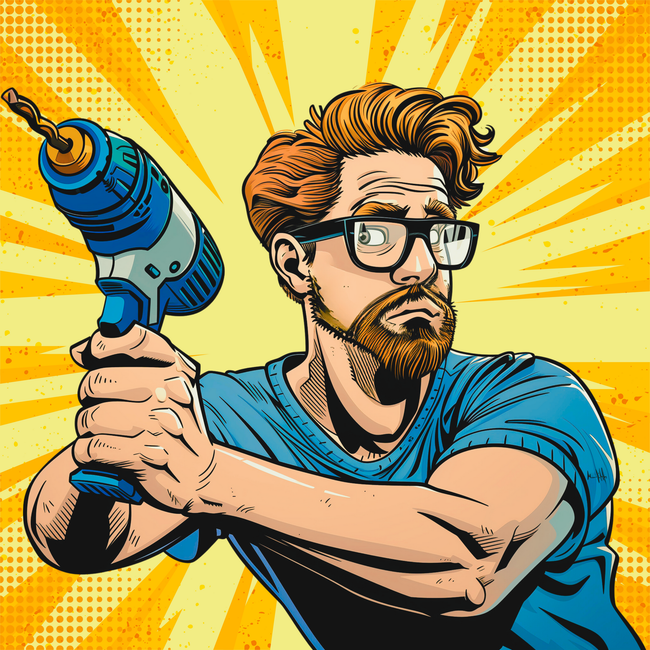 A man with glasses is holding a drill in his hands.