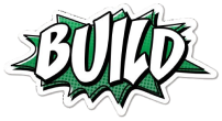 A green and white sticker with the word build on it.