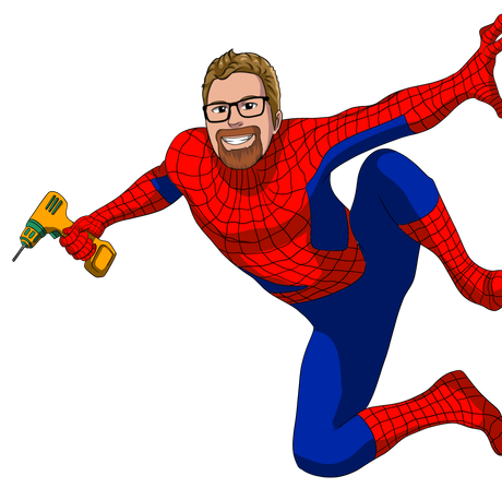 A man in a hero costume is holding a drill