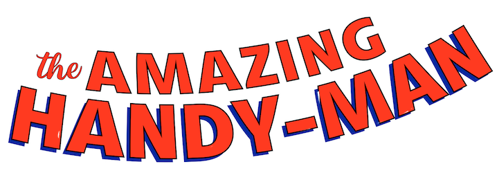 The amazing handy man logo is red and blue on a white background