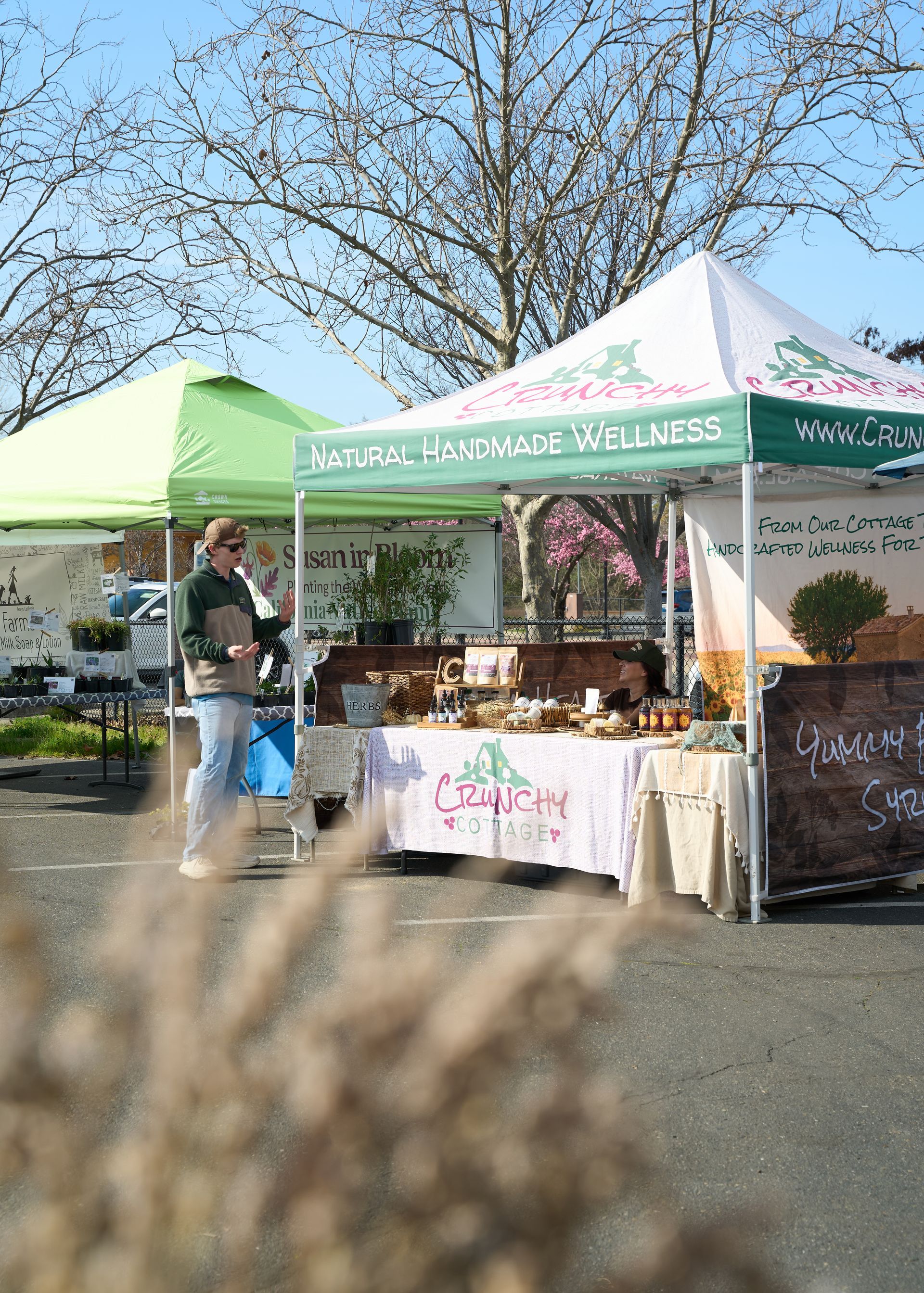 Outdoor farm stands with green-and-white canopy tents and tables overflowing with fresh organic produce on a sunny day at the Loomis Community Farmers Market