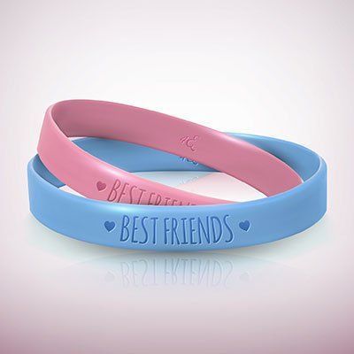 A pink and a blue bracelet with the words `` best friends '' written on them.
