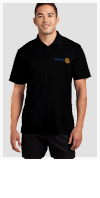 A man is wearing a black polo shirt and black shorts.