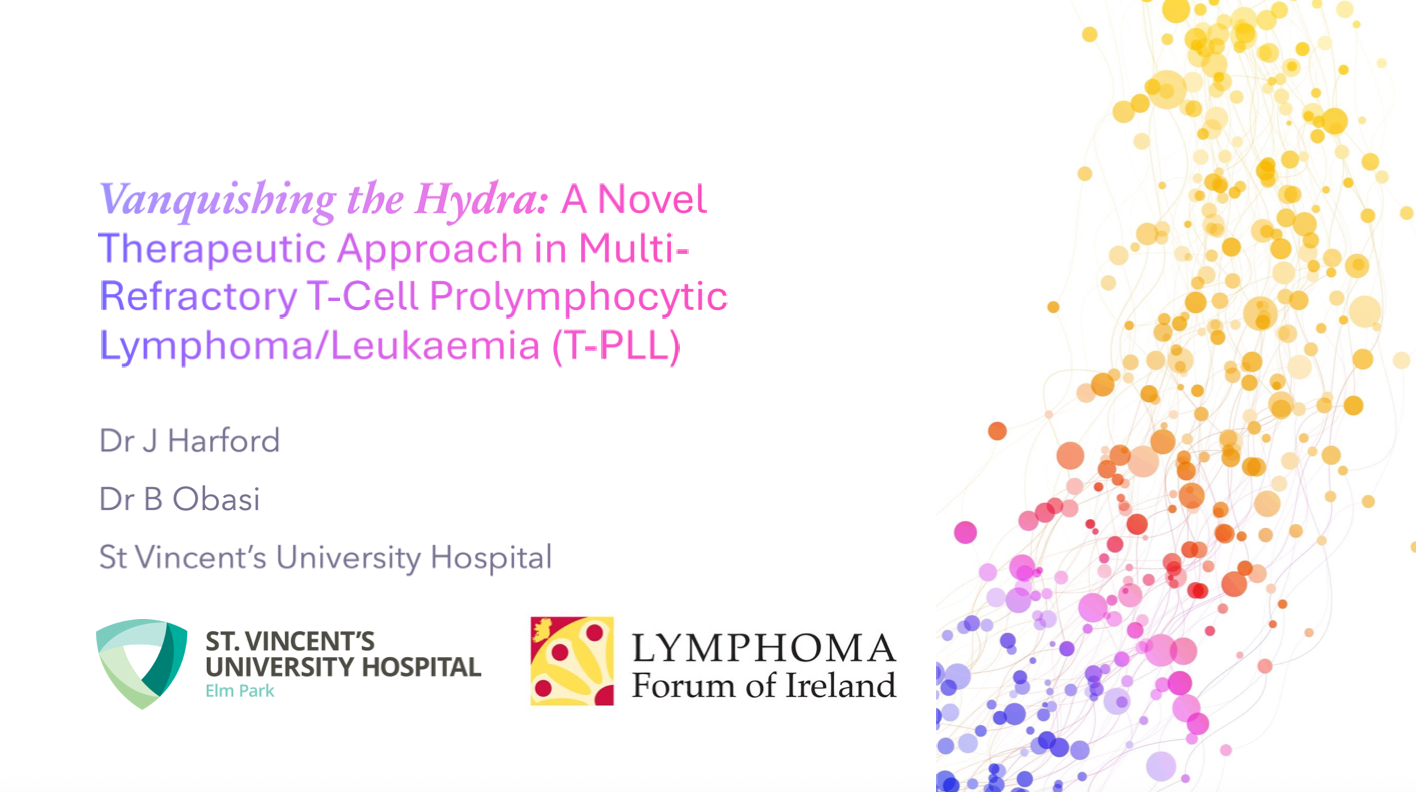 A white background with colorful dots and the words lymphoma