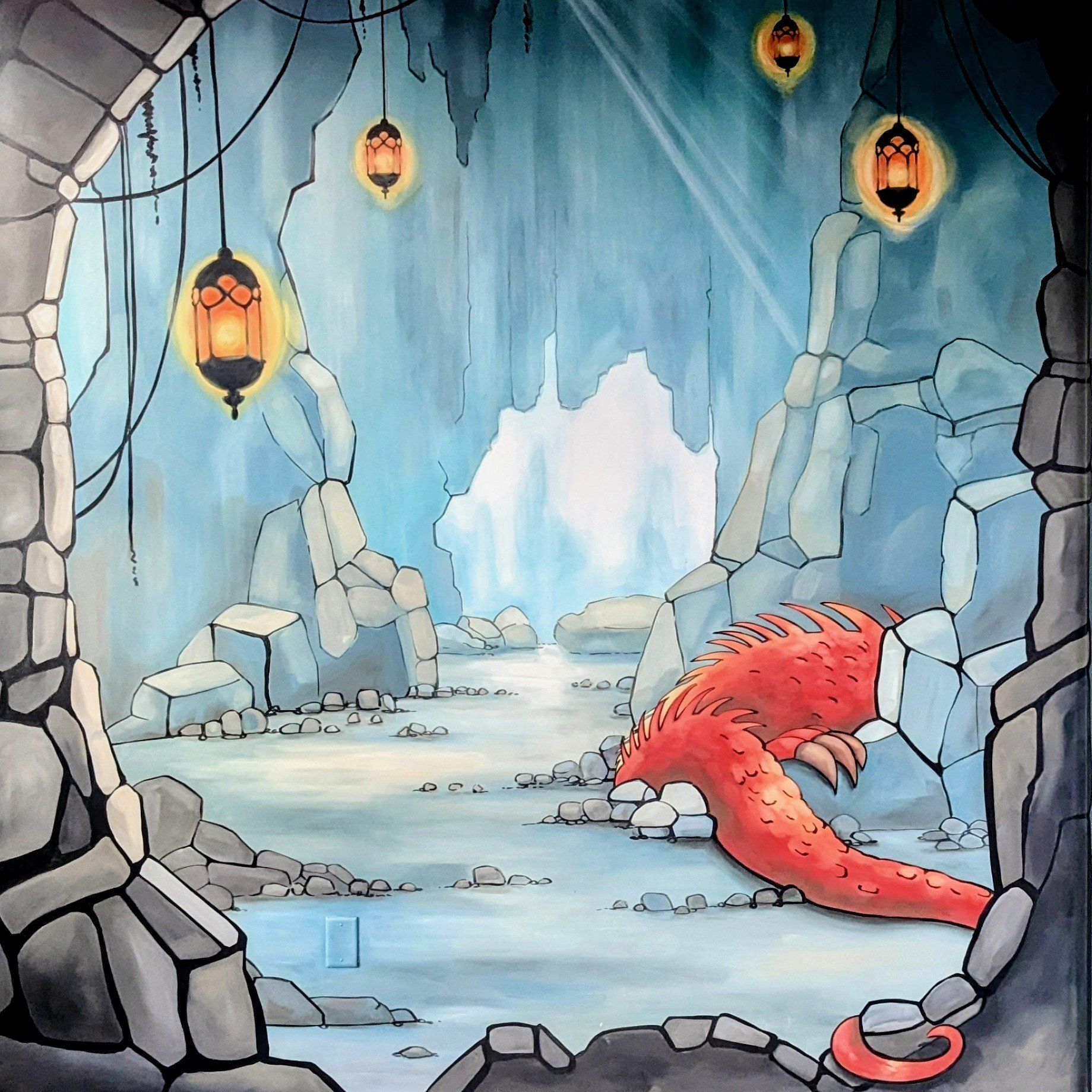 Cave scene with a red dragon-like creature. Stone archway, hanging lanterns, and ice formations.