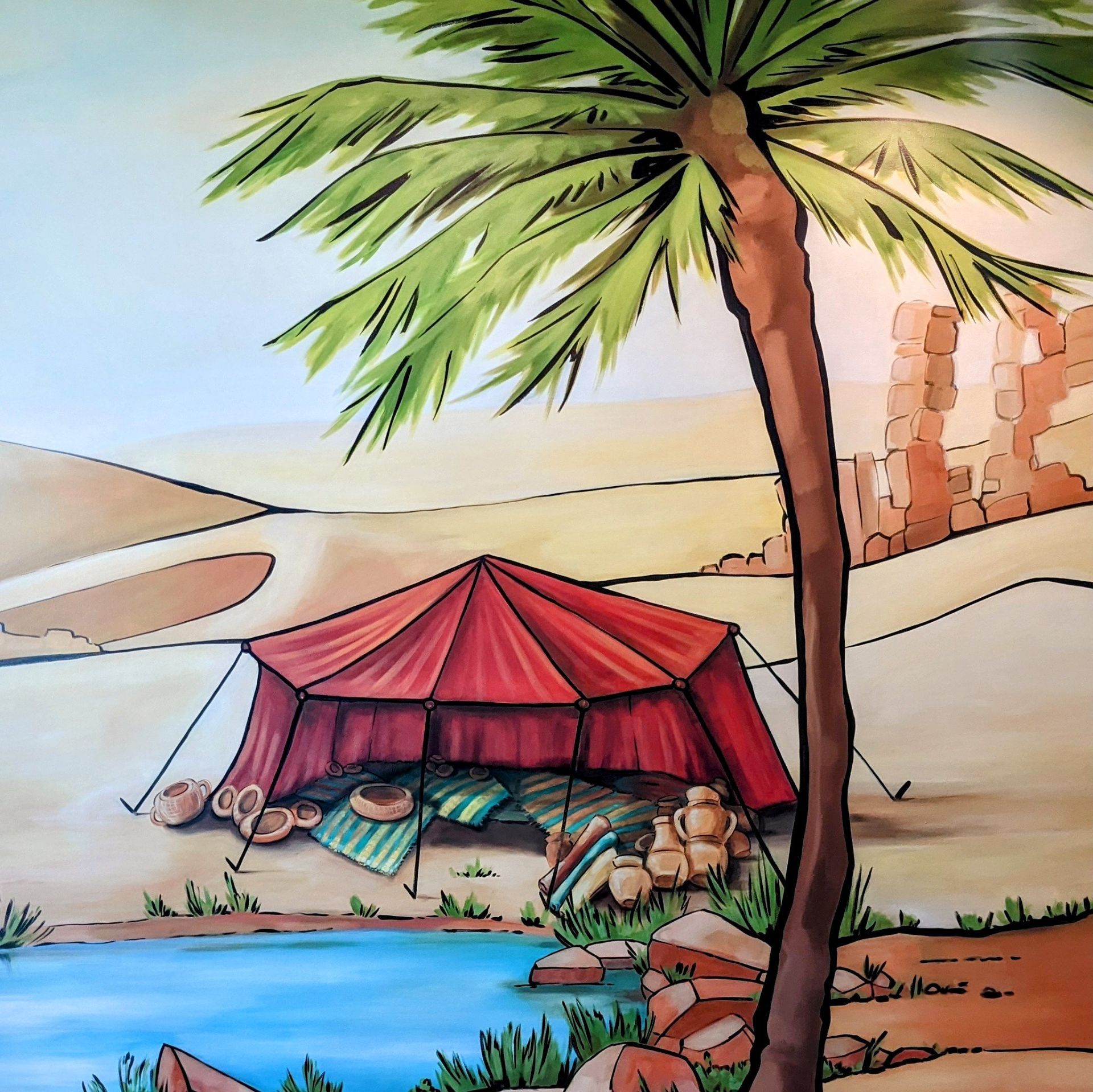 Desert scene with red tent, palm tree, and water.