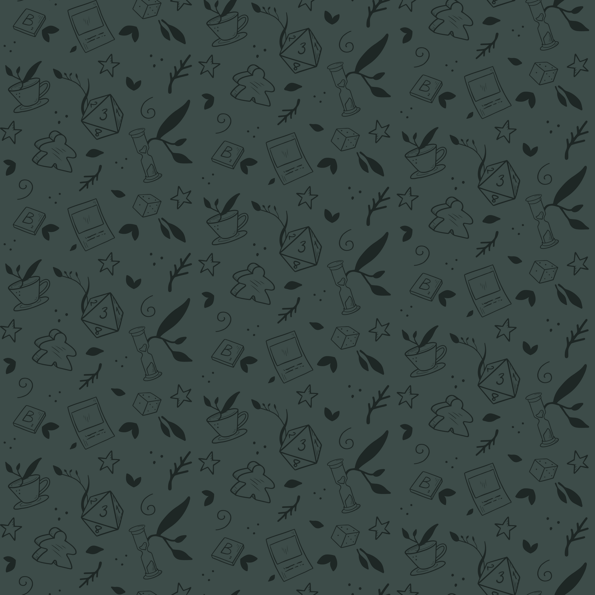 Dark green background with scattered line drawings of plants, books, and stars.